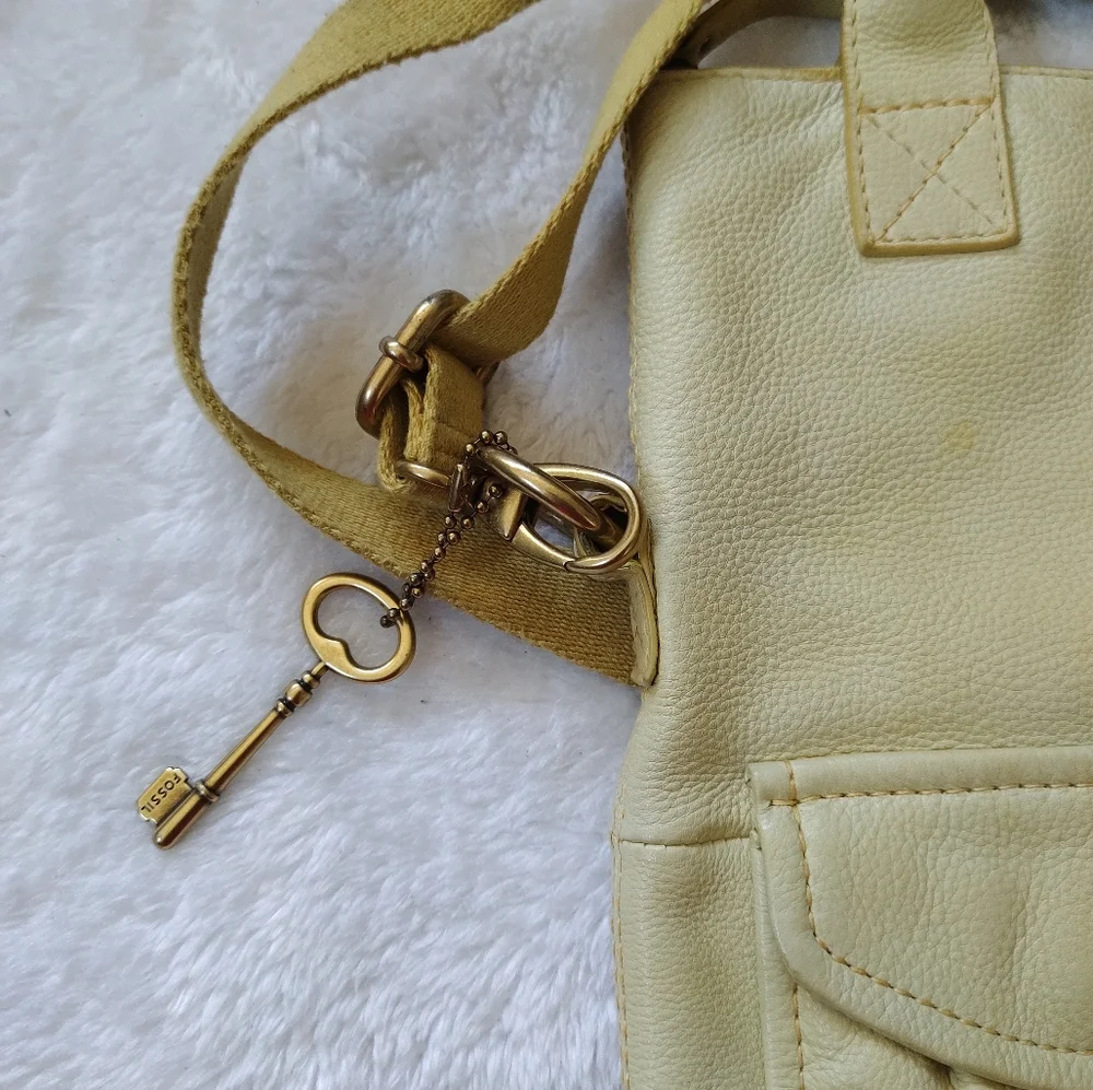 Fossil Genuine Leather Light Green Crossbody Tote Bag with Front Pockets